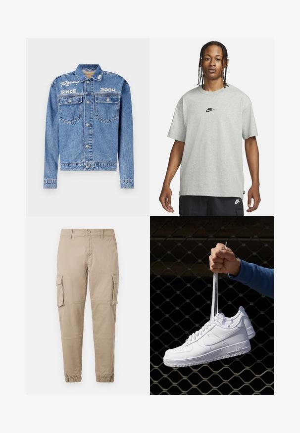 Denim jakna, svetlo modra, klasičen kroj, zapiranje na gumb. Ima dva žepa na prsih, vezeno besedilo "Racing Since 2004" v belem.; Mlad človek z zasebnimi lasmi, oblečen v svetlo sivo majico Nike in črne kratke hlače Nike pred enostavno belo kuliso.; Bežne cargo hlače iz lahkega bombažnega materiala. Imajo elastične manšete, več stranskih žepov in gumbasto zapiranje.; Bela usnjena športna obutev s perforacijami, okroglo konico, ravnim podplatom in debelimi vezalkami, z vidnim logotipom smoosh in napisom "AIR" na peti.