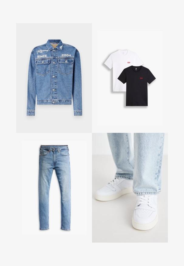 Denim müts, helesinine, klassikaline lõige, nupuga sulgemine. Omab kahte rinna taskut, valge tikandiga tekst "Võidusõit alates 2004".; Kaks lühikeste varrukatega t-särki: üks valge ja teine must. Mõlemad on valmistatud puuvillast ning rinnal on punane Levi's logo. Lihtne ümar kaelus.; Heledad sinine teksapüksid, sirge lõikega disain, viie taskuga, nööpkinnitus ja mõõdukas pleekimine kogu kangas.; Valged nahast madala profiiliga spordijalatsid, millel on perforatsiooniga varvas, lame paelad ja minimalistlik disain. Koos helesiniste teksadega.