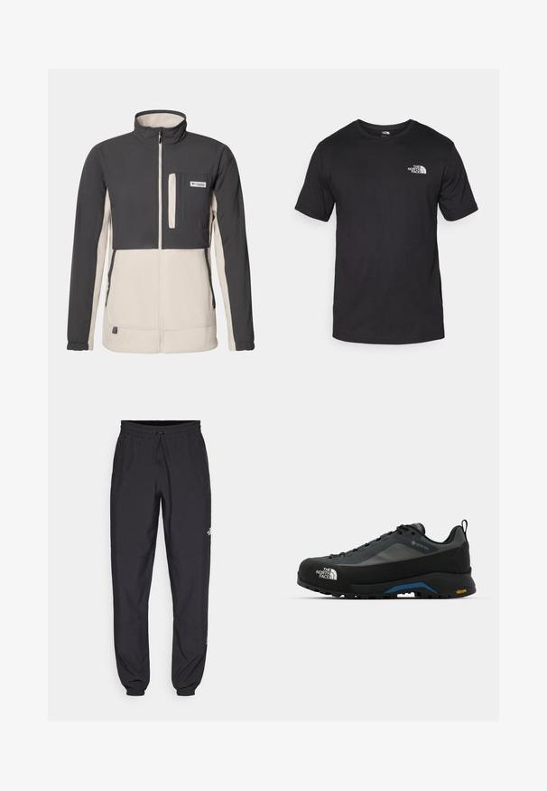 Columbia UNCHARTED™ FULL ZIP - Fleecová bunda - shark, dark stone; Černé tričko s krátkým rukávem vyrobené z bavlny, s kulatým výstřihem a malým bílým logem na horní levé části hrudi.; Černé sportovní kalhoty vyrobené z lehké tkaniny, s páskem na šňůrku, bočními kapsami a zúženými manžetami na kotnících.; The North Face VERTO ALPINE GORE TEX - Trekingové boty - asphalt grey/tnf black