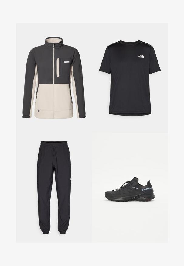 Columbia UNCHARTED™ FULL ZIP - Fleecejakke - shark, dark stone; Svart kortermet T-skjorte laget av lett materiale. Har en liten hvit logo på venstre bryst og subtile skulderdetaljer.; Sorte idrettsbukser laget av lett stoff, med snor i livet, sidelommer og smale mansjetter ved anklene.; Svart trail-løpesko med teksturert overdel, elastiske lisser og Contagrip yttersåle. Har en tett passform og beskyttende tåhette.