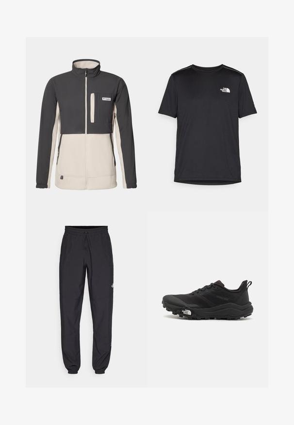 Columbia UNCHARTED™ FULL ZIP - Casaco polar - shark, dark stone; T-shirt preto de manga curta feito de um tecido leve. Apresenta um pequeno logo branco ao lado esquerdo do peito e detalhes subtis nos ombros.; Calças atléticas pretas feitas de tecido leve, com um cós ajustável por cordão, bolsos laterais e punhos afunilados nos tornozelos.; Sapatilha de trail running preta com um upper texturizado, sola de borracha e biqueira reforçada. Possui um colarinho acolchoado e uma alça para facilitar o calçar.