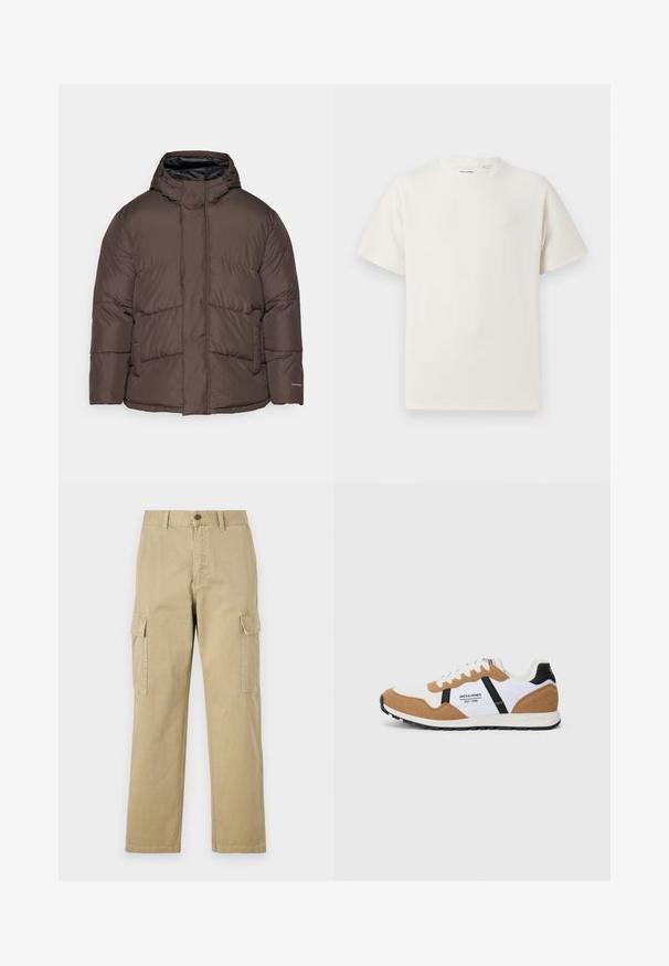 Jack & Jones JJWORLD PUFFER JACKET - Winter jacket - mulch; White short-sleeve T-shirt in a ribbed texture. Round neckline, relaxed fit, no visible patterns or accents. Simple and versatile design.; Beige cargo pants made of cotton, featuring two side pockets, a button closure, and straight legs with a slightly textured fabric.; Retro-style sneaker with white, tan suede, black accents, white laces, and "Jack & Jones EST. 1990" logo on the side.