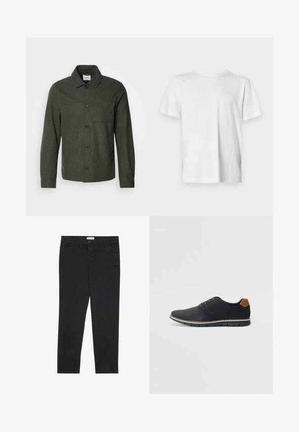 Lindbergh CROPPED LENGTH OVERSHIRT JACKET - Casaco de verão - dark khaki melange; T-shirt branca de manga curta feita de algodão suave, com decote redondo e detalhe de logo em relevo sutil no lado esquerdo do peito.; Calças de algodão pretas com um corte justo, apresentando dois bolsos laterais e um fecho frontal com botão. Tecido texturizado com detalhes subtis.; Sapatos sintéticos pretos com um upper texturizado, pormenores lisos, salto castanho e uma sola contrastante. Apresentam um sistema de atacadores mínimo e detalhes de costura.