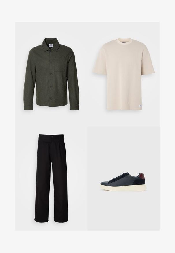 Lindbergh CROPPED LENGTH OVERSHIRT JACKET - Καλοκαιρινό μπουφάν - dark khaki melange; Μπεζ ριμπ μπλουζάκι με στρογγυλή λαιμόκοψη και κοντά μανίκια, με ορατή ετικέτα μάρκας στην κάτω αριστερή γωνία.; Μαύροι παντελόνια από λείο ύφασμα, με ίσια γραμμή, πτυχώσεις μπροστά και κλείσιμο με μία κουμπί στη μέση.; Ανδρικά παπούτσια sneaker χαμηλού ύψους σε μαύρο δέρμα και σουέτ, με ταμπέλα στη φτέρνα σε μπορντό χρώμα και λευκή καουτσούκ σόλα, προβαλλόμενα από την εξωτερική πλευρά.