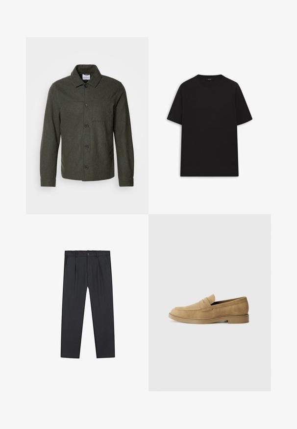 Lindbergh CROPPED LENGTH OVERSHIRT JACKET - Tunn jacka - dark khaki melange; Svart bomullst-shirt med korta ärmar, rundad halsringning och en slät yta. Inga synliga mönster eller hårdvarudetaljer.; Svarta byxor med raka ben i lätt tyg, med knappstängning, veckad fram och sidofickor. Slät textur över hela ytan.; Tan mockasiner i mocka med rund tå, låg blockklack och sydda detaljer på ovansidan. Slät textur och minimalistisk design.