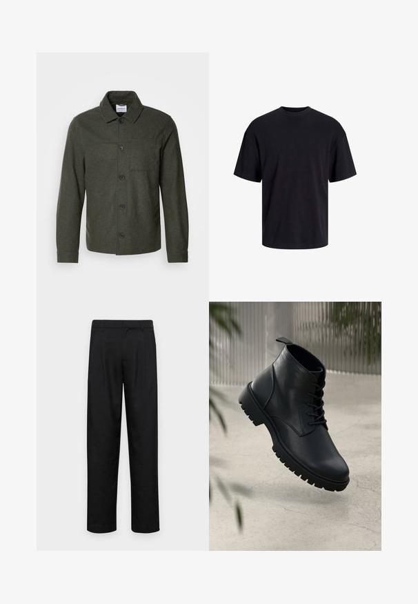 Lindbergh CROPPED LENGTH OVERSHIRT JACKET - Ljetna jakna - dark khaki melange; Crna pamučna majica s okruglim izrezom, kratkim rukavima i opuštenim krojem. Glatka tekstura bez vidljivih uzoraka ili dekoracija.; Crne hlače od glatkog materijala, s dizajnom ravnih nogavica, dva prednja nabora i standardnim pojasom s petljama za remen.; Crne kožne čizme do gležnja s округлим prstima, čipkastim dizajnom i robusnim gumenim đonom. Glatka tekstura s trakicom na stražnjoj strani.