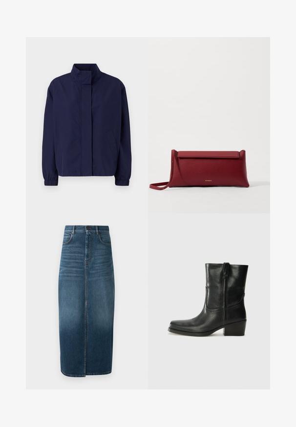 Jasnoniebieska, lekka kurtka z wysokim kołnierzem, elastycznymi mankietami i kieszeniami bocznymi. Gładka tekstura, prosty design i brak widocznych zapięć.; Biała bluzka z krótkim rękawem z niebieskimi haftowanymi kwiatami, okrągłym dekoltem i misternymi wzorami na przodzie oraz rękawach.; Denimowa spódnica midi w ciemnym indygo, z przodu rozcięcie i drobnym wypłowieniem. Klasyczny design z pięcioma kieszeniami oraz metalowym zapięciem.; Czarne skórzane botki za kostkę z okrągłym noskiem, słupkowym obcasem, bocznym zamkiem i przeszyciami na cholewce. Gładka tekstura, klasyczny design.; Czerwona skórzana kopertówka o teksturowanym wykończeniu, z płaskim złożonym wierzchem i krótkim paskiem. Subtelne logo marki z przodu.
