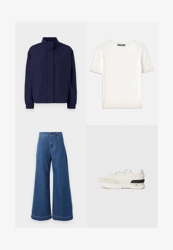 Marineblå lett jakke med høy krage, elastiske mansjetter og sidelommer. Glatt tekstur, enkelt design, og ingen synlige lukkinger.; Hvit kortermet strikket topp med rund hals, med en glatt tekstur og subtile ribbede detaljer på ermer og kant.; Viddejeans i middels blå denim med høy midje, frontlommer og kontrastsøm langs sømmene og kantene.; Hvite sneakers med en teksturert ser ut som en suede tåhette, glatt mesh-overdel, dekorative snørebånd og en svart gummihælaccent.