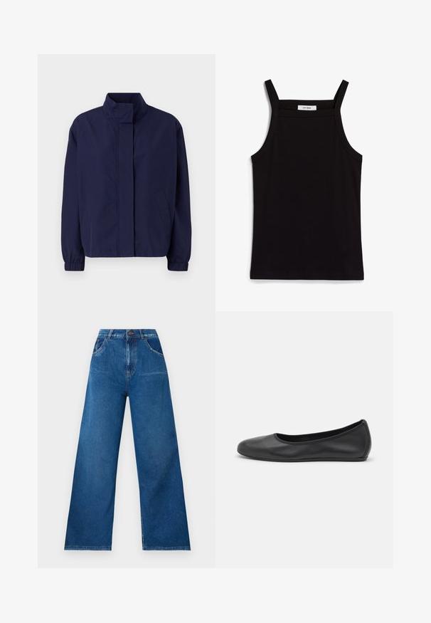 Chaqueta ligera de color azul marino con un cuello alto, puños elásticos y bolsillos laterales. Textura suave, diseño simple y sin cierres visibles.; Top negro sin mangas con tirantes finos, hecho de una tela acanalada, que presenta un corte recto y una etiqueta en el cuello que dice "IVY OAK".; Jeans de pierna ancha en denim azul oscuro con cintura alta, que presentan bolsillos delanteros y traseros, y detalles de costura en contraste.; Bailarina de piel negra con punta redondeada, textura suave, detalle de costura minimalista y diseño de suela flexible.