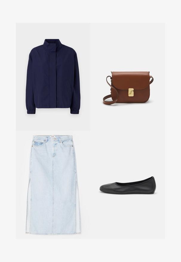 Jachetă ușoară de culoare bleumarin, cu guler înalt, manșete elastice și buzunare laterale. Textură netedă, design simplu și fără închideri vizibile.; Tricou alb cu mânecă scurtă, confectionat dintr-un material texturat. Gât rotund, tăietură regulară și detalii subtile de cusătură. Fără modele sau grafice.; Fustă maxi din denim de culoare albastru deschis, cu croială dreaptă, având slituri laterale și design cu cinci buzunare. Cusături evidente și închidere cu nasture metalic.; Balerini din piele neagră, cu vârf rotund, textură netedă, detalii de cusătură minimale și un design al tălpii flexibil.; Geantă de piele maro cu închidere tip capac, accesorii de culoare aurie, curea de umăr și o textură netedă. Formă compactă și rectangulară.
