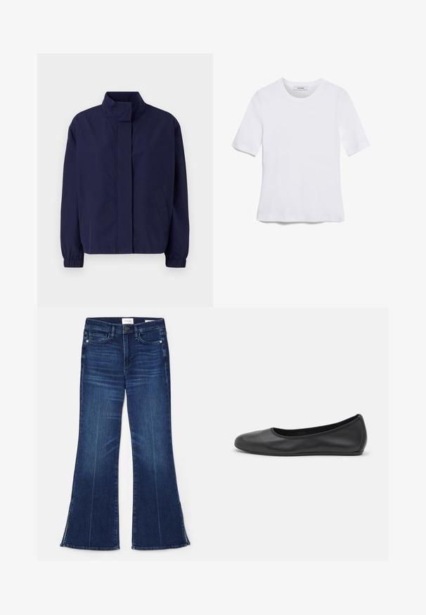 Laivasiipan sininen kevyt takki korkealla kauluksella, joustavilla hihansuilla ja sivutaskuilla. Sileä pinta, yksinkertainen muotoilu ja ei näkyviä kiinnikkeitä.; Valkoinen lyhythihainen t-paita, joka on valmistettu ribbytedusta kankaasta. Pyöreä pääntiie, normaali istuvuus ja hienovaraiset ompeluyksityiskohdat. Ei kuvioita tai grafiikkaa.; Tummansiniset leveälahkeiset farkut, jotka on valmistettu denimmateriaalista. Ominaisuuksiin kuuluu korkea vyötärö, etupocketit ja halkiokohdat helman kohdalla. Klassinen viiden taskun muotoilu.; Musta nahkainen ballerina, jossa on pyöristetty kärki, sileä pinta, minimaalinen ommelkoristelu ja joustava pohjamuotoilu.