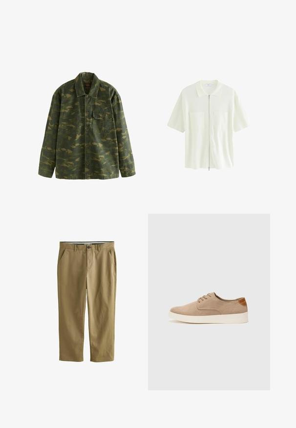 Groene en bruine camouflage blousejack met lange mouwen, kraag en een enkel knoopzakje op de linkerzijde.; Korte mouw, witte ritshemd gemaakt van textuurstof, met een kraag en twee voorzakken met vierkante flappen.; Khaki chino's van een katoenmix, uitgerust met twee zijzakken, een knoopsluiting, rechte pijpen en een gladde textuur.; Beige suède sneakers met een ronde neus, vetersluiting aan de voorkant en een getextureerde achteraccent. De witte rubberen zool zorgt voor contrast. Eenvoudig en modern ontwerp.