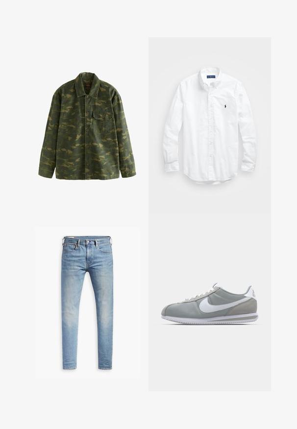 Grøn og brun camouflage knap-til-jakke med lange ærmer, krave og en enkelt knapbar brystlomme på venstre side.; Hvid langærmet skjorte i bomuld. Har en klassisk krave, knapmanchetter og et lille marineblåt broderet logo på brystet.; Lyseblå slim-fit jeans med let slid på lårene, frontlukning med knap, bæltestropper og fem lomme-design på en hvid baggrund.; Grå atletisk sko med overdækning i ruskind og tekstil, hvid Nike swoosh og hvide snørebånd. Har en struktureret gummisål og polstret krave.