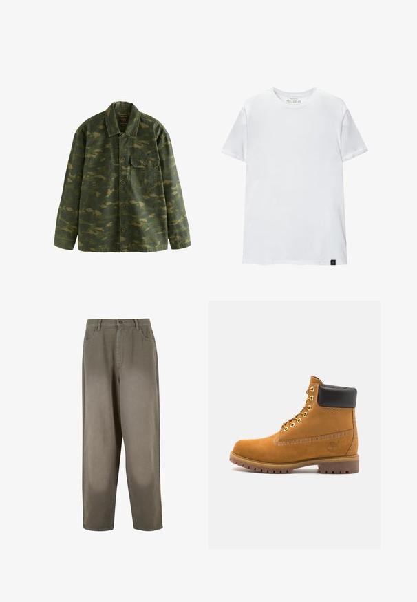 Zelena i smeđa kamuflažna jakna na dugih rukava s ovratnikom i jednim dugmadom na lijevoj strani za džep na prsima.; Bijela majica uskog kroja od pamuka. Okrugli izrez, kratki rukavi, glatka tekstura. Mali crni logo na rubu. Jednostavan dizajn.; Svijetlozelene široke hlače izrađene od mekanog materijala. Imaju zatvaranje na dugme, prednje džepove i glatku cjelokupnu teksturu.; Antracitne antilop čizme do gležnjeva s crnim podstavljenim ovratnikom, zlatnim metalnim rupicama, bijelim šavovima i robusnom gumenom potplatom s izraženim šarama.