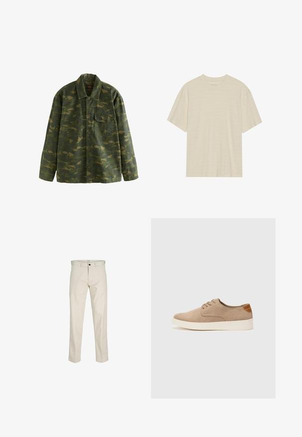 Giacca a camuffamento verde e marrone con bottoni, maniche lunghe, colletto e una tasca sul petto a sinistra con pulsante.; T-shirt a maniche corte di colore crema con una delicata trama a righe e scollo rotondo, realizzato in tessuto leggero.; Pantaloni in cotone beige con vestibilità dritta, chiusura con bottone, tasche anteriori e cuciture a vista. Texture liscia, dettagli minimi e senza motivi.; Sneaker in suede beige con punta arrotondata, stringhe davanti e un accento testurizzato sul retro. La suola in gomma bianca offre un contrasto. Design semplice e moderno.