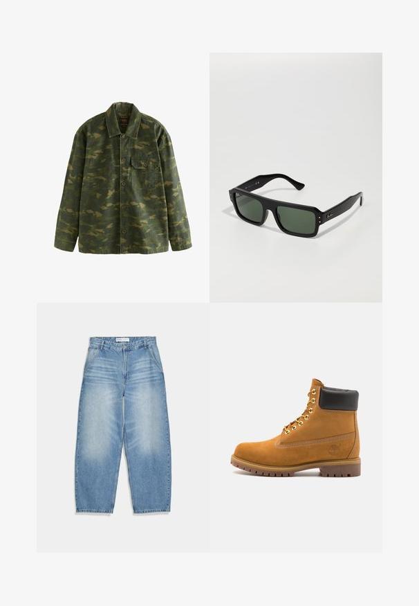 Grøn og brun camouflage knap-til-jakke med lange ærmer, krave og en enkelt knapbar brystlomme på venstre side.; Hvide bomulds tanktoppe i et sæt af to, med klassisk rund halsudskæring og lille broderet logo i nederste venstre hjørne.; Lysblå denim bukser med bred benvidde, lynlås, fem lommer og slidte detaljer. Stoffet har en blød tekstur med lige snit.; Tan nubuck ankelstøvle med sort polstret krave, gyldne metaløjer, hvid syning detaljer og robust gummisål med udtalte slidbaner.; Sorte rektangulære solbriller med grønne linser, der har gyldne detaljer og en tykk plastisk ramme. Teksturerede arme for bedre greb.