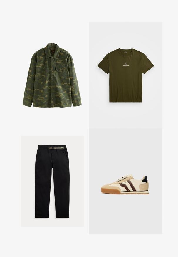 Grøn og brun camouflage knap-til-jakke med lange ærmer, krave og en enkelt knapbar brystlomme på venstre side.; Oliven grøn bomulds T-shirt med rund hals, korte ærmer og hvid broderet "Ralph Lauren" logo på brystet. Glat tekstur.; Sorte bukser lavet af letvægtsstof, med en elastisk talje og et integreret grønt bælte, lige ben og sidelommer.; GANT BAYLLE - Sneakers - sand