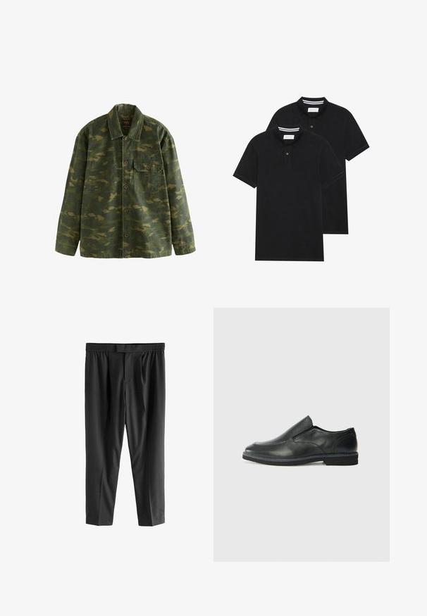 Grøn og brun camouflage knap-til-jakke med lange ærmer, krave og en enkelt knapbar brystlomme på venstre side.; To sorte polo T-shirts, kortærmede, lavet af bomuldsstof, med en klassisk krave, to-knaps placket og hvide stribede detaljer indeni kraven.; Next REGULAR FIT -CHECK SMART - Chino - black; Sorte læder slip-on sko med en glat overdel, syede detaljer, rund tå og en lav gummihæl. Sålen har minimal profil.