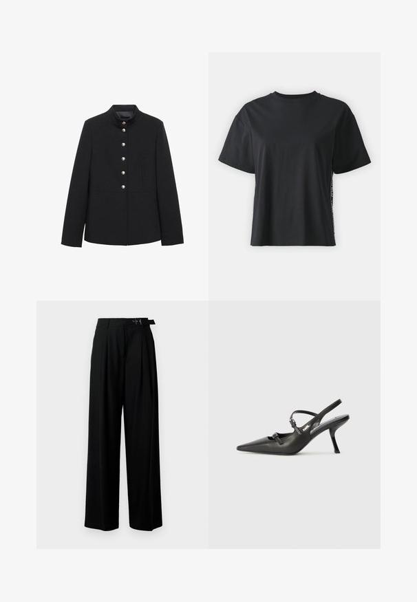 Schwarze Jacke aus glattem Stoff, ausgestattet mit einem Stehkragen, einer vorderen Knopfleiste mit sechs metallischen Knöpfen und einer strukturierten Silhouette.; Schwarzes kurzärmliges Baumwoll-T-Shirt mit lockerer Passform und kontrastierendem Seitenpanel, das kleine Text- und Designdetails aufweist.; Schwarze weit geschnittene Hosen mit hoher Taille, Falten an der Vorderseite und einem Gürtel mit Schnalle. Hergestellt aus glattem, leichtem Stoff.; Schwarzlederne Slingback-Absätze mit spitzer Zehenform, schlankem Absatz und dekorativem Schnallendetail auf dem Blatt. Glatte Textur und elegantes Design.