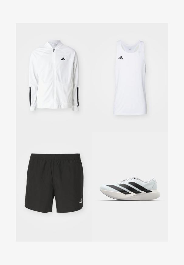 Witte zip-up jas met een hoge kraag, zwarte drie-streep accenten op de mouwen en een klein zwart logo op de borst. Soepele stoftextuur.; Witte mouwloze sport tanktop van lichtgewicht stof, met het zwarte Adidas-logo op de linkerborst en een ronde halslijn.; Zwarte sportieve shorts met een elastische tailleband, zijsplits en reflecterende logo-accenten. Gemaakt van lichte, gladde stof.; Lichte hardloopschoenen in lichtblauw met zwarte strepen. Beschikt over een soepele bovenkant, ronde neusstuk en dikke witte tussenzool met het label "LIGHTSTRIKE PRO."