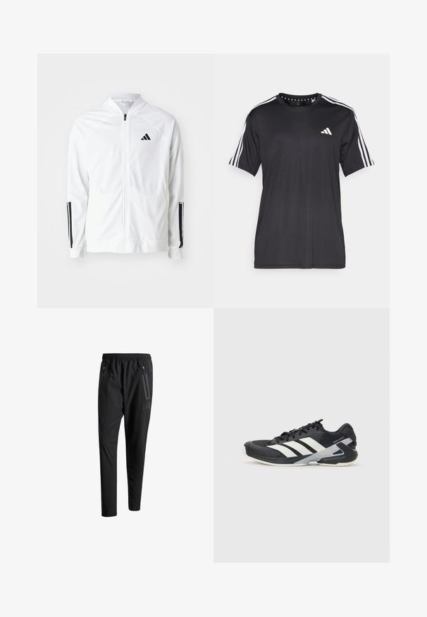 Hvid zip-jakke med høj krave, sorte tre-stribe accenter på ærmerne og et lille sort logo på brystet. Glat stofstruktur.; Sort kortærmet t-shirt med hvidt tre-stribedesign på skuldrene og logo på brystet. Lavet af åndbart stof med en glat tekstur.; Sorte atletiske bukser med elastisk talje, to lynlåslommer på siden, tætsiddende ben og en diskret logo-detalje på hoften.; Sort sportsko med hvide striber, mesh-overdel, rund tå og dæmpet sål. Har en tekstureret hæl og et sikkert snøresystem.