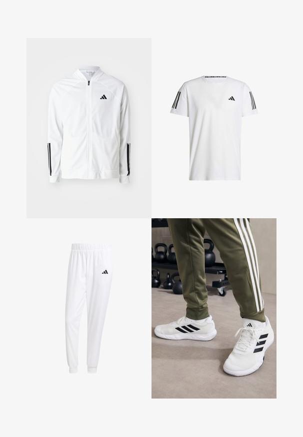 Hvit jakke med glidelås og høy krage, svarte tre-stripe detaljer på ermene, og en liten svart logo på brystet. Jevn stofftekstur.; Hvit kortermet T-skjorte laget av pustende stoff, med en svart trekantet logo og tre svarte striper på hver skulder.; Hvite treningsbukser laget av glatt stoff, med elastisk midje og tettsittende mansjetter, med en svart logo på baklommen.; Hvite joggesko med svarte striper, mesh-struktur og polstret krage, kombinert med olivengrønne bukser med hvite side-striper.