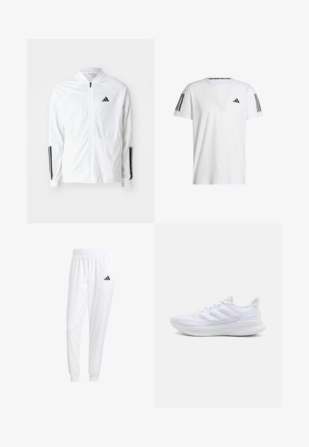 Hvid zip-jakke med høj krave, sorte tre-stribe accenter på ærmerne og et lille sort logo på brystet. Glat stofstruktur.; Hvid kortærmet T-shirt lavet af åndbart stof, med et sort trekantet logo og tre sorte striber på hver skulder.; Hvide sportsbukser lavet af glat stof, med elastisk talje og tætsiddende manchetter, og med et sort logo på baglommen.; Hvide sportssko med en tekstureret mesh-overdel, en støttende polstret sål og et tre-stripes design på siden.