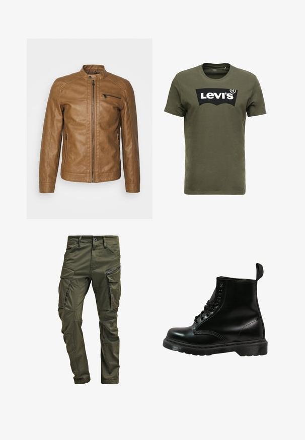 Brown leather jacket featuring a stand collar, front zipper, zippered chest pocket, and two side pockets with a smooth texture.; Olive green cotton t-shirt featuring a large black Levi's logo on the front. Classic crewneck and short sleeves, smooth texture.; Olive green cargo pants made from sturdy cotton. Features multiple pockets, a zippered side pocket, and tapered legs with a slightly textured finish.; Black leather boot with rounded toe, lace-up design, six eyelets, and a textured rubber sole. Includes a pull tab at the back.