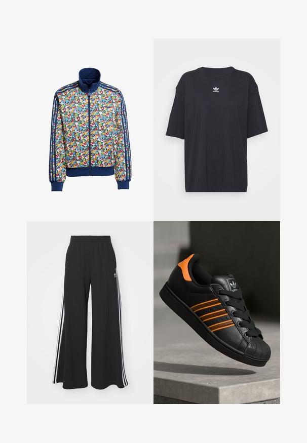 Virágmintás, cipzáros dzseki, kék háttérrel, több színben pompázó virágokkal, sötétkék bordás gallérral és mandzsettákkal, valamint három csíkkal az ujjakon.; Fekete pamut póló rövid ujjakkal, kerek nyakkivágással, mellkason fehér Adidas logóval. Egyszerű dizájn, laza fazon.; Fekete, bő szárú melegítőnadrág, rugalmas derékkal, fehér oldalsávokkal és hímzett logóval a bal combon.; Fekete sportcipő narancssárga részletekkel, három vízszintes csíkkal, texturált bőr felsőrésszel, gumis orral és fekete fűzőkkel.