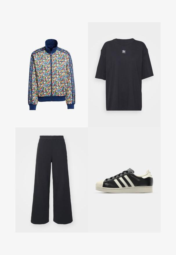 Virágmintás, cipzáros dzseki, kék háttérrel, több színben pompázó virágokkal, sötétkék bordás gallérral és mandzsettákkal, valamint három csíkkal az ujjakon.; Fekete pamut póló rövid ujjakkal, kerek nyakkivágással, mellkason fehér Adidas logóval. Egyszerű dizájn, laza fazon.; Fekete, bő szárú melegítőnadrág, puha anyagból készült, rugalmas derékkal és egy kis logóval a bal oldalon.; Fekete bőrsneaker fehér csíkokkal, gumírozott orral, fekete fűzővel és krém színű talppal. Simaság és fényes felület jellemzi.