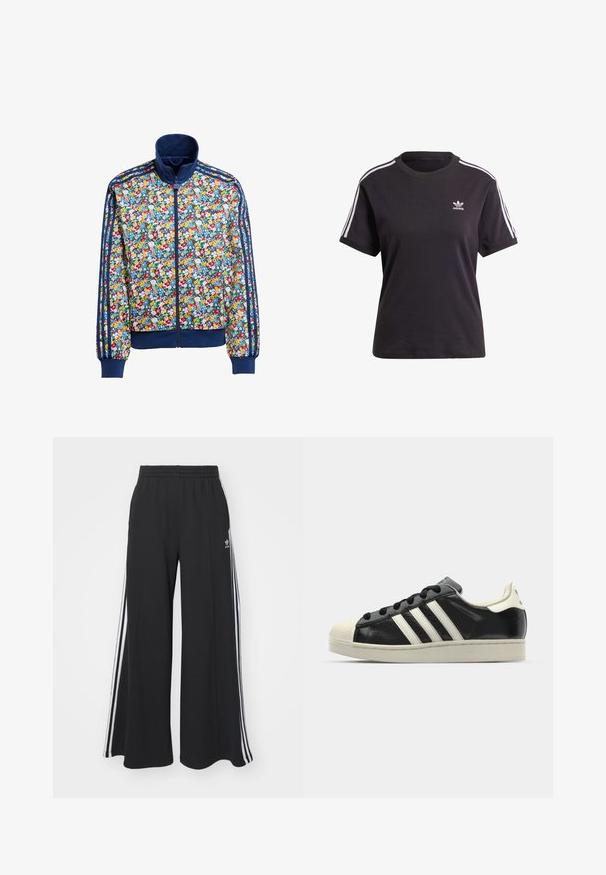 Kukkakuosiin painettu vetskärekkijakku, jossa on monivärisiä kukkia sinisellä taustalla, tummansininen ribbikaulus ja -hihansuut sekä kolme raitaa hihoissa.; Musta puuvillainen lyhythihainen t-paita pyöreällä kauluksella, jossa on valkoiset raidat olkapäillä ja pieni valkoinen Adidas-logo rinnassa.; Mustat löysät verkkarit, joissa on joustava vyötärö, valkoiset sivuraidat ja brodeerattu logo vasemmassa reidessä.; Musta nahkasneakeri, jossa on valkoiset raidat, kuminen varvassuoja, mustat nauhat ja kermaisa ulkopohja. Suora pinta ja kiiltävä viimeistely.