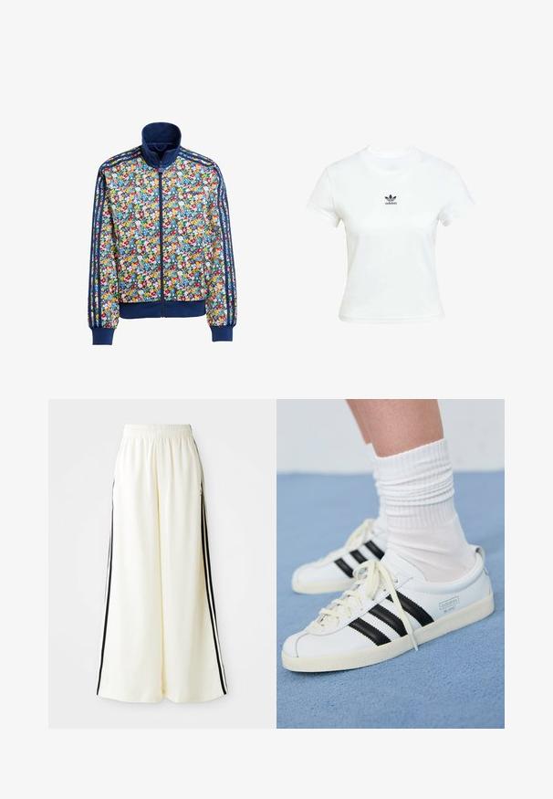 Blumen-Reißverschlussjacke mit einem mehrfarbigen Blumenmuster auf blauem Hintergrund, mit marineblauem geripptem Kragen und Bündchen sowie drei Streifen an den Ärmeln.; Weißes Baumwoll-T-Shirt mit kurzen Ärmeln und Rundhalsausschnitt. Verfügt über ein schwarzes Adidas-Logo, das auf der Brust gedruckt ist. Einfaches, minimalistisches Design.; Weiße weite Hosen mit elastischem Bund und schwarzen vertikalen Streifen an den äußeren Nähten.; Weiße Ledersneaker mit schwarzen Streifen, cremefarbener Sohle und hellen Schnürsenkeln. Getragen mit weißen gerippten Socken, positioniert vor einem blauen Hintergrund.