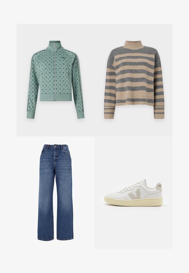 Mäta zelená bunda na zips s vysokým golierom, ktorá má geometrický vzor a čierne pásikové akcenty pozdĺž rukávov.; Prúžkovaný pletený sveter s šedými a béžovými farbami, vysokým golierom, širokými manžetami a voľným strihom s krátkym dizajnom.; Džíny s širokými nohavicami vyrobené z stredne ťažkej modrej bavlnenej tkaniny. Majú klasický dizajn s piatimi vreckami a zips s gombíkovým zapínaním.; Biele kožené tenisky s béžovými semišovými akcentmi, perforovanou špičkou, plochými šnúrkami a textúrovanou krémovou podrážkou. Obsahujú jemné označenie na päte.