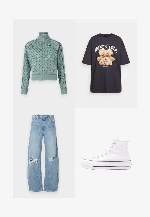 Minzgrüne Zip-Jacke mit hohem Kragen, ausgestattet mit einem geometrischen Muster und schwarzen Streifenakzenten an den Ärmeln.; Schwarzes, übergroßes T-Shirt mit einem Grafikdruck eines Bären und dem Text "NICHT SÜß, SONDERN WILD" in fetter, weißer Schrift. Baumwollmaterial.; Helles, hochtailliertes Jeans aus Denim. Hat weit geschnittene Beine, zwei aufgerissene Kniebereiche und klassischen Fünf-Taschen-Stil.; Weiße hochwertige Leinensneaker mit schwarzer Gummisohle, vorderem Gummizehenschutz und sechs Ösen für Schnürsenkel, die ein sauberes, minimalistisches Design aufweisen.
