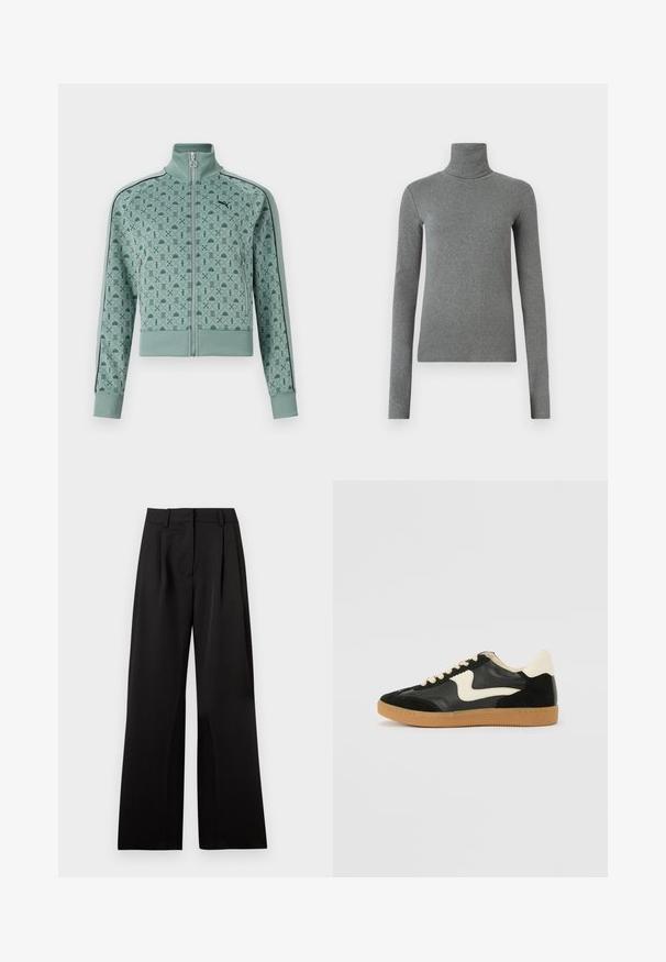 Miętowa kurtka rozpinana z wysokim kołnierzem, z geometrycznym wzorem i czarnymi paskami na rękawach.; Szary sweter z golfem wykonany z gładkiego, elastycznego materiału. Długie rękawy, dopasowany krój, minimalna tekstura, bez widocznych wzorów czy elementów metalowych.; Czarne spodnie o szerokich nogawkach z gładką fakturą, z podwójnymi zakładkami z przodu, płaskim paskiem w talii i szlufkami na pasek. Prosty, dopasowany fason.; Czarne zamszowe i skórzane sneakersy z kremowym boku i jasnokremowym piętą. Posiada beżowe sznurowadła i gumową podeszwę.