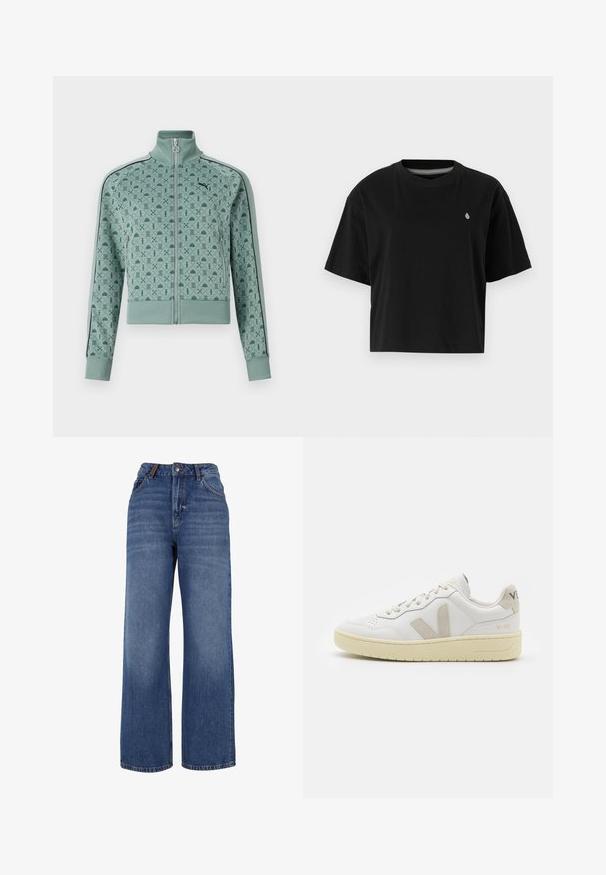 jakna mint zelene boje sa zipom i visokim ovratnikom, sa geometrijskim uzorkom i crnim prugama duž rukava.; Crna skraćena majica od pamuka, sa kratkim rukavima, okruglim izrezom i malim bijelim logom na lijevoj strani prsnog koša.; Široke traperice od srednje teškog plavog pamučnog platna. Sadrži klasični dizajn s pet džepova i zatvaranje na munju s dugmetom.; Bijele kožne tenisice s bež nubuk naglascima, perforiranim prednjim dijelom, ravnim čipkama i teksturiranom kremastom potplatom. Sadrži suptilni brend na pete.