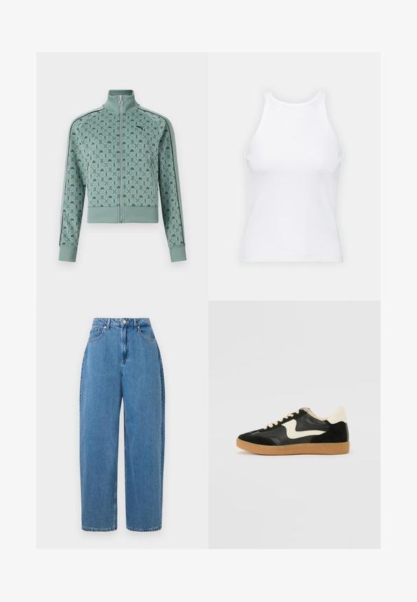 Minzgrüne Zip-Jacke mit hohem Kragen, ausgestattet mit einem geometrischen Muster und schwarzen Streifenakzenten an den Ärmeln.; Weißes ärmelloses Tanktop aus geripptem Stoff, mit rundem Ausschnitt und figurbetonter Silhouette, minimalen Nähten und ohne Verzierungen.; Hellblaue Jeanshose mit geradem Bein, hoher Taille und Knopfverschluss vorne. Verfügt über fünf Taschen und minimale Nähte.; Schwarze Wildleder- und Leder-Sneaker mit einem cremefarbenen Seiten-Swoosh und einer hellcremefarbenen Ferse. Ausgestattet mit beige Schnürsenkeln und einer Gummilaufsohle.