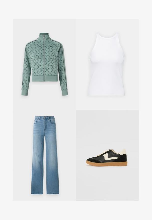 Zelena zadrga jakna v mint barvi z visokim ovratnikom, ki ima geometrijski vzorec in črne črte ob rokavih.; Bela brezrokavna majica iz rebraste tkanine, z zaobljenim izrezom in prilegajočim silhueto, z minimalnimi šivi in brez okraskov.; Svjetloplave traperice visokog struka sa ravnim krojem. Izrađene od denima, s pet džepova i zatvaranjem na dugme.; Črne semiš in usnjene superge s kremasto stransko puščico in svetlo kremasto peto. Imajo bež čipke in gumijast podplat.