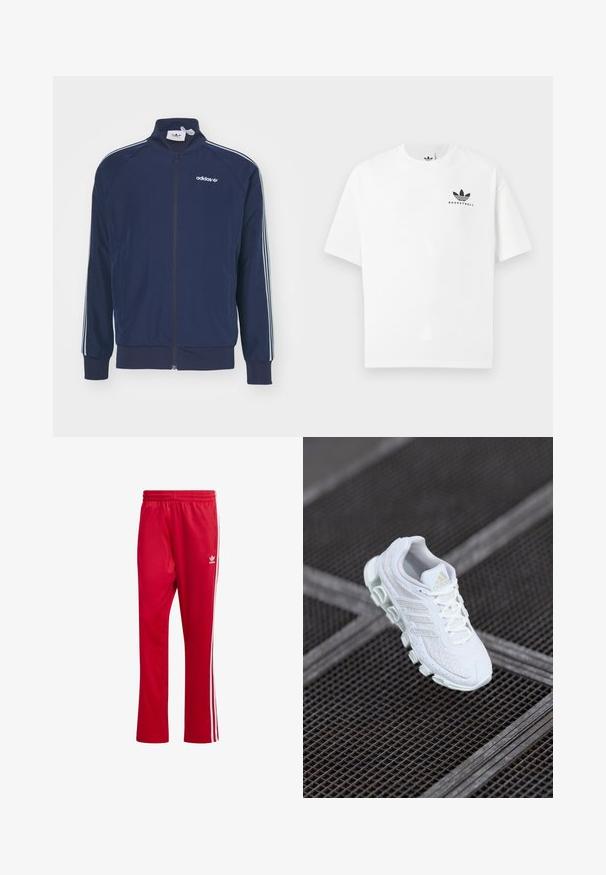 Jūras spēku zips sporta jakas no gludas auduma ar baltām trim svītrām uz piedurknēm un izšūtu logo uz krūtīm.; Baltas kokvilnas T-krekls ar īsām piedurknēm, uz kura priekšpuses ir melns "BASKETBALL" logs un ikoniskais trīs svītru dizains.; Sarkanais sporta bikses izgatavotas no gludas auduma, ar baltām sānu svītrām un izšūtu logo kreisajā augšstilbā. Ar elastīgu jostasvietu.; Balts sporta apavu ar acs augšpusi, trim paralēlām svītrām, mīkstinātu zolīti un teksturētu detaļu uz zolītes apakšpuses.