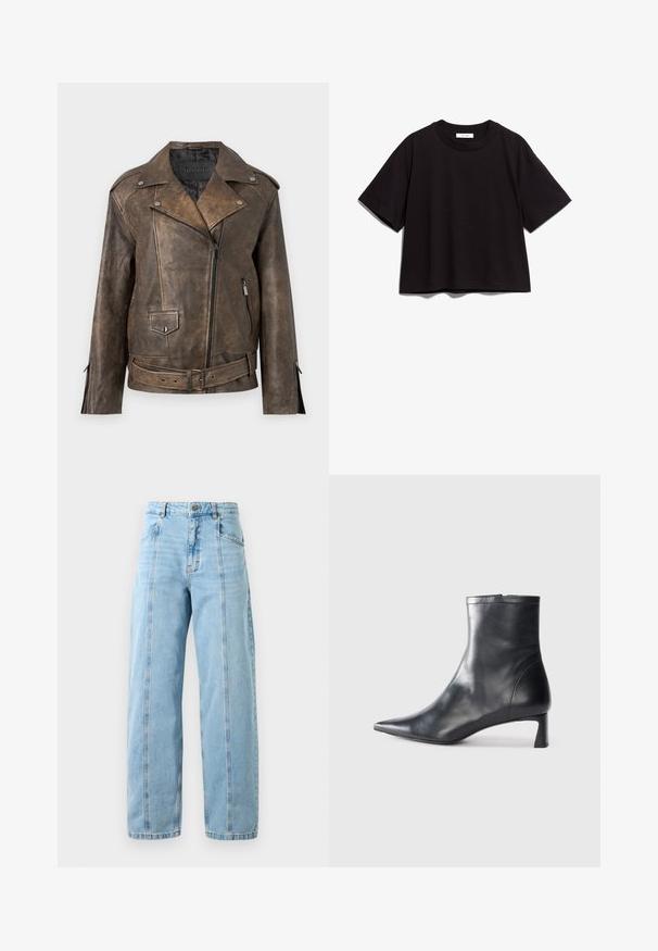 Jaqueta de moto em pele sintética castanha com lapela larga, fecho assimétrico, dois bolsos laterais e uma cintura cintada. Acabamento texturizado.; T-shirt de algodão preto com decote redondo e mangas curtas. Apresenta um corte descontraído e um design simples, sem adornos.; Jeans de cintura alta, retos, de cor azul clara, com costuras frontais, bolsos laterais, passantes para cinto e fecho com botão de metal.; Bota de tornozelo em pele preta com biqueira apontada e um design elegante. Apresenta um salto baixo e um fecho com zipper na parte de trás. Textura suave.