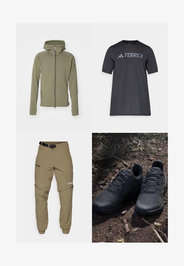 Houdini POWER - Fleecejas - sage green; Zwarte korte mouwen t-shirt van lichtgewicht stof, met een lichtgrijze "TERREX" logo over de borst en een ronde hals.; Khaki outdoor broek met een verstelbare zwarte riem, ritszakken, taps toelopende mouwen en afneembare onderbenen voor veelzijdige styling.; Zwarte sportieve schoenen met een gestructureerde gebreide bovenkant, verstevigde neus en een gevoerde zool, tentoongesteld op aardse grond met verspreide takjes.