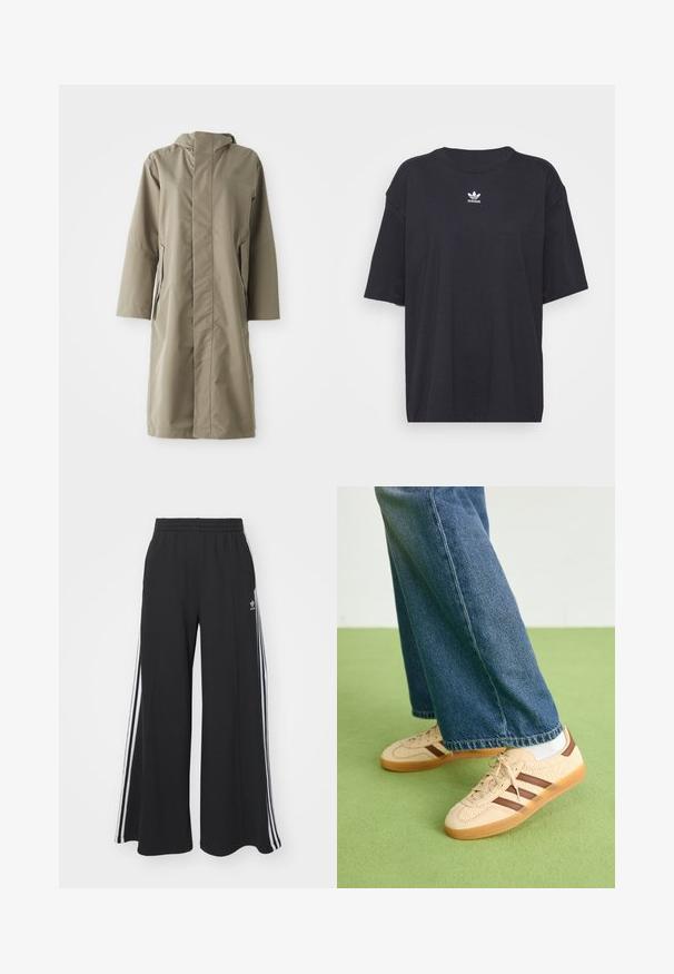 Khaki esőkabát, kapucnival, sima, vízlepergető anyagból készült. Hosszú ujjú és oldalzsebekkel rendelkezik, laza fazonú.; Fekete pamut póló rövid ujjakkal, kerek nyakkivágással, mellkason fehér Adidas logóval. Egyszerű dizájn, laza fazon.; Fekete, bő szárú melegítőnadrág, rugalmas derékkal, fehér oldalsávokkal és hímzett logóval a bal combon.; Beige sportcipők textúrált krém színű panelek és barna csíkok részletezésével, kék farmernadrággal párosítva. A farmer széles szárú és rojtos szegéllyel rendelkezik.