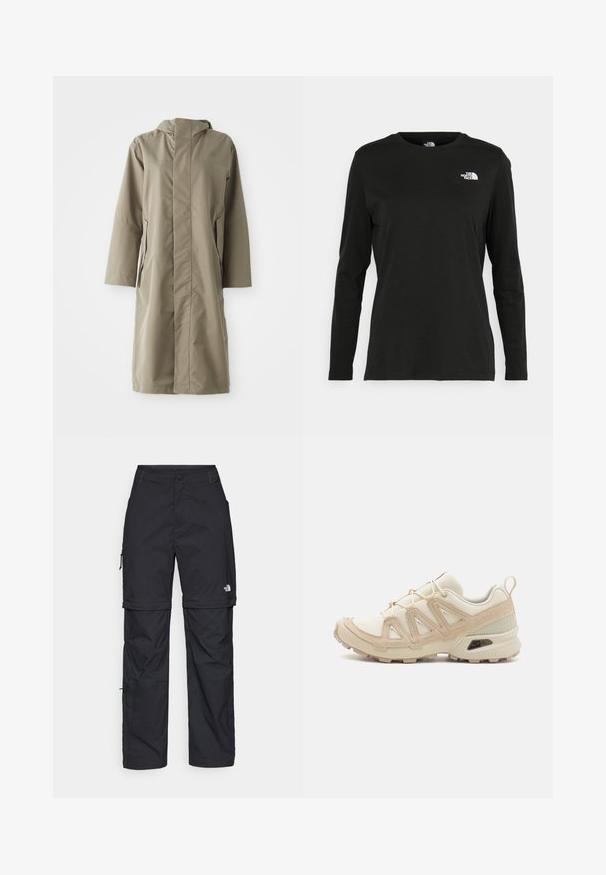 Khaki vihmamantel kapuutsiga, valmistatud siledast veekindlast kangast. Omab pikki varrukaid ja küljetaskuid, tagades mugava istuvuse.; Must mustahiheline T-särk, millel on pikad varrukad, valmistatud puuvillast ja ümarast kaelusest. Vasakul rinnal on väike valge logo. Lihtne disain ja sobivus.; Mustad nailonist valmistatud eemaldatavad cargo-püksid, reguleeritavate pahkluudega, mitmete taskutega ja paremal jalal logoga. Sile, kerge tekstuur.; Beež ja koobalti spordijalats tekstureeritud võrkkattega, toetavad ülemised kihid ja kummist tallaga, millel on mustriga joonistus haardeks.
