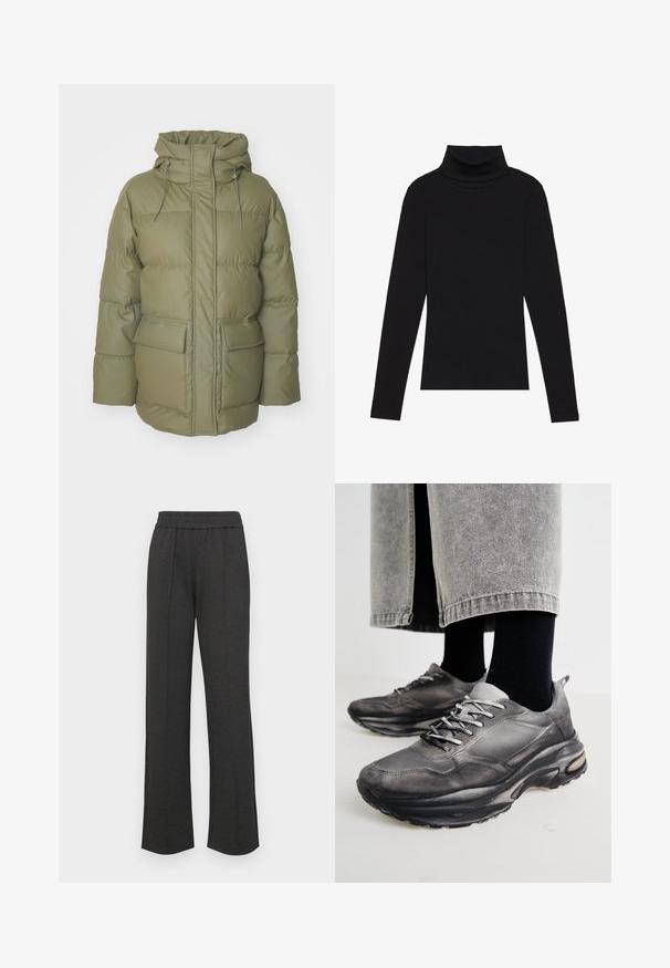 Polstret olivengrønn jakke med høy krage, frontlukking med glidelås, justerbar hette og to frontlommer. Har en quiltet design.; Svart høyhalset langermet topp, laget av ribbestrikket stoff, har en tettsittende design med høy hals og uten mønstre eller dekorasjoner.; Svart rette bukser med elastisk liv, frontfolder, myk stoff, og uten synlige mønstre eller maskinvare detaljer.; Sorte og grå treningssko har en mesh-overdel, tykke såler og snøring. De har en rund tå og synlige dempe detaljer.