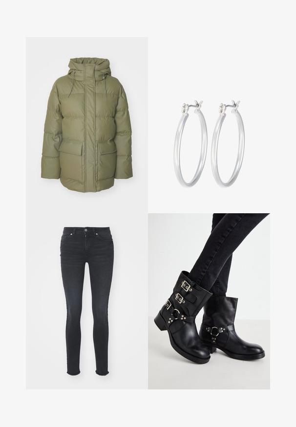 Podšitá olivovo zelená bunda s vysokým golierom, predným zipsom, nastaviteľnou kapucňou a dvoma prednými vreckami. Má prešívaný dizajn.; Čierny dlhý rukáv body s vysokým golierom, s pevným látkovým trupom a priehľadnými sieťovinovými rukávmi, navrhnuté v priliehavom strihu.; Čierne džíny Skinny s stredne vysokým pásom, piatimi vreckami a roztrhnutým okrajom. Tkanina má hladkú textúru s miernym elastickým efektom.; Čierne kožené členkové čižmy so tromi prackami, zaoblenou špičkou a nízkym blokovým podpätkom. Dizajn obsahuje hladké a textúrované panely.; Strieborné kruhové náušnice s hladkým, lesklým povrchom. Kolový tvar a bezpečné klikanie na uzatváranie. Ľahký dizajn vhodný na každodenné nosenie.