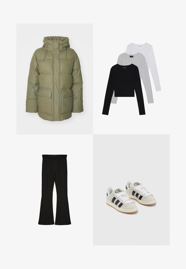 Soojad oliivrohelised mantel kõrge kraega, ees kummilukuga, reguleeritava kapuutsi ja kahe ees oleva taskuga. Omab tikandit.; Kolm pikkade varrukatega toppi, mis on üksteise peale asetatud: must, hall ja valge. Igal ühel on ümar kaelus ja lühike disain, valmistatud siledast, kergekaalulisest kangast.; Mustad mustad sääred, mis on valmistatud venivast kangast. Omab laia vööd ja siledat tekstuuri, sobituv siluett, mis laieneb allservas.; Hallid hallid nahkrennid valgete paeltega, mustade triipudega ja valge kummitaldiga. Omab ümmargust logo keeles ja kummitalda.