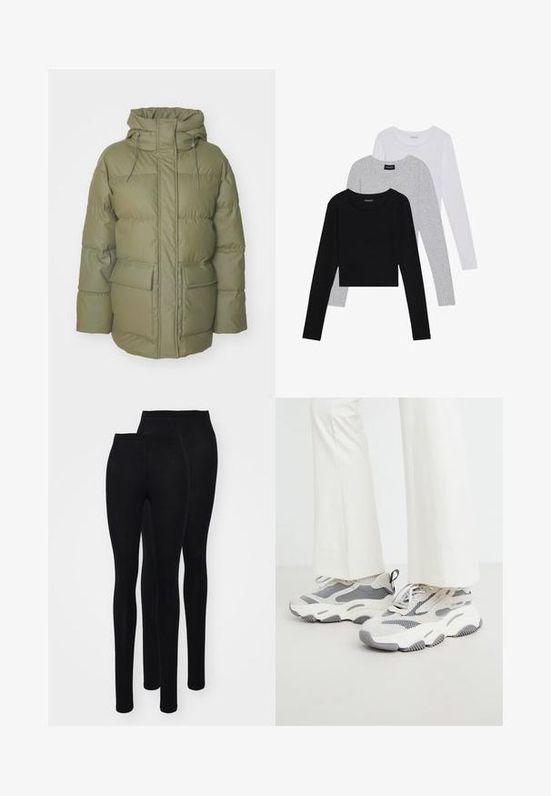 Bélelt olajzöld kabát magas gallérral, elöl zipzárral, állítható kapucnival és két elülső zsebbel. Tűzött dizájn jellemzi.; Három hosszú ujjú póló egymásra rakva: fekete, szürke és fehér. Mindegyiknek kerek nyaka van, és rövidített fazonnal rendelkezik, sima, könnyű anyagból készült.; Fekete leggingek sima, rugalmas anyagból, magas derékkal. Feszes sziluettet és bokáig érő kialakítást kínál. Két pár kiemelve.; Dö chunky sportcipők világosszürke színben, hálós és textil anyagok keverékével, mintás részletekkel és vastag gumitalppal.
