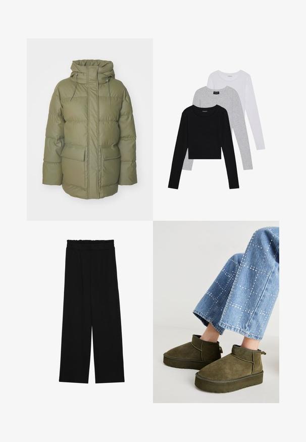 Προστατευτικό μπουφάν σε ελαιόχρωμο πράσινο με ψηλό γιακά, κλείσιμο με φερμουάρ μπροστά, ρυθμιζόμενη κουκούλα και δύο μπροστινές τσέπες. Διαθέτει ραφές σε καπιτονέ σχέδιο.; Τρία μπλουζάκια με μακριά μανίκια τοποθετημένα το ένα πάνω στο άλλο: μαύρο, γκρι και άσπρο. Κάθε μπλούζα έχει στρογγυλή λαιμόκοψη και cropped σχέδιο, κατασκευασμένη από απαλό, ελαφρύ ύφασμα.; Μαύρο παντελόνι με φαρδιά πόδια και ριχτό μέσο, που διαθέτει δύο πλαϊνές τσέπες και ύφασμα απαλό και ελαφρύ. Χωρίς ορατά μοτίβα ή μεταλλικά εξαρτήματα.; Ελαιόχρωμα σουέτ μπότα μέχρι τον αστράγαλο με παχύ, υφασμένα σόλα και λαβή. Συνδυασμένο με ανοιχτό μπλε τζιν με διακοσμητικά.