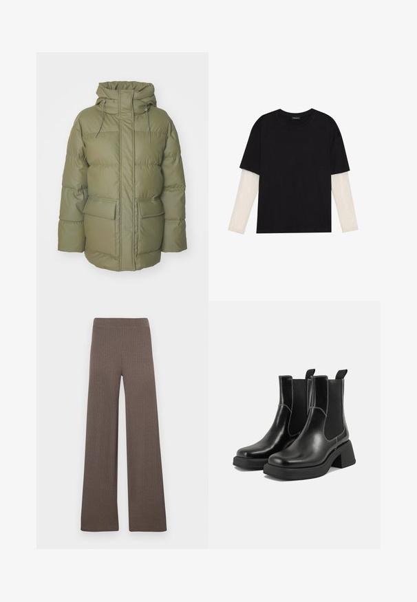 Soojad oliivrohelised mantel kõrge kraega, ees kummilukuga, reguleeritava kapuutsi ja kahe ees oleva taskuga. Omab tikandit.; Mustmust särk, mis on valmistatud puuvillast, lühikeste varrukatega, valge pika varrukaga kihi peal, millel on peene tekstuuriga muster. Ümar kaelus.; Laiad pahkluudriga püksid tumepruunis toonis, millel on veniv vöökoht ja pehme, tekstuuriga kangas.; Must musta Chelsea saapad, millel on paks konts, elastsed külgpaneelid ja kontrastne valge õmblus. Tekstuuriga viimistlus.