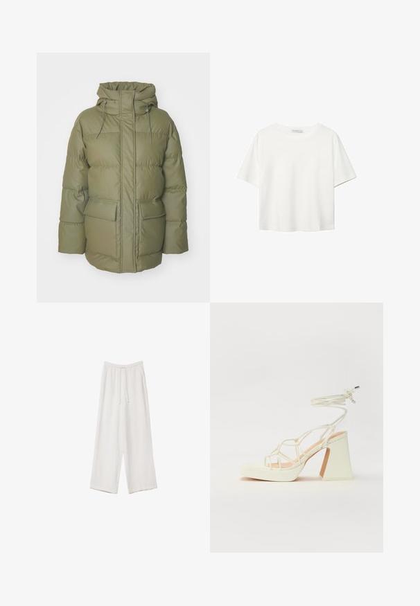 Vaahtomuovilla vuorattu oliivinvihreä takki, jossa on korkea kaulus, edessä vetoketju, säädettävä huppu ja kaksi etutaskua. Sisältää tikkikuvioinnin.; Valkoinen lyhythihainen T-paita, joka on tehty puuvillasta. Siinä on pyöreä kaula-aukko ja rento malli. Silkkinen pinta ilman näkyviä kuvioita tai koristeita.; Valkoiset leveälahkeiset housut kevyestä kankaasta. Ominaisuuksiin kuuluu elastinen vyötärö, jossa on nauhakuuluma ja sivutaskut. Sileä rakenne.; Valkoinen korkokenkä, jossa on paksu korko, ja joka sisältää nauhakiinnityksen ja nilkkaketjun. Sujuva pinta, jossa on platform-etupohja lisäkorkeutta varten.